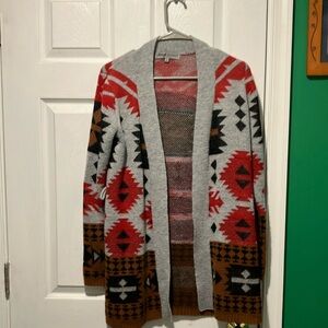 Tribal southwest Patterned Open Cardigan grey brown red long women’s small